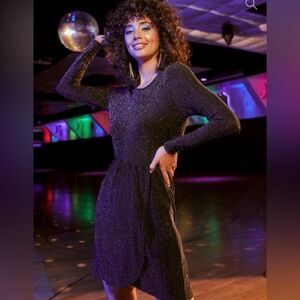 Modcloth Shimmer On Show Metallic Faux Wrap Dress Black Sparkle M NWT